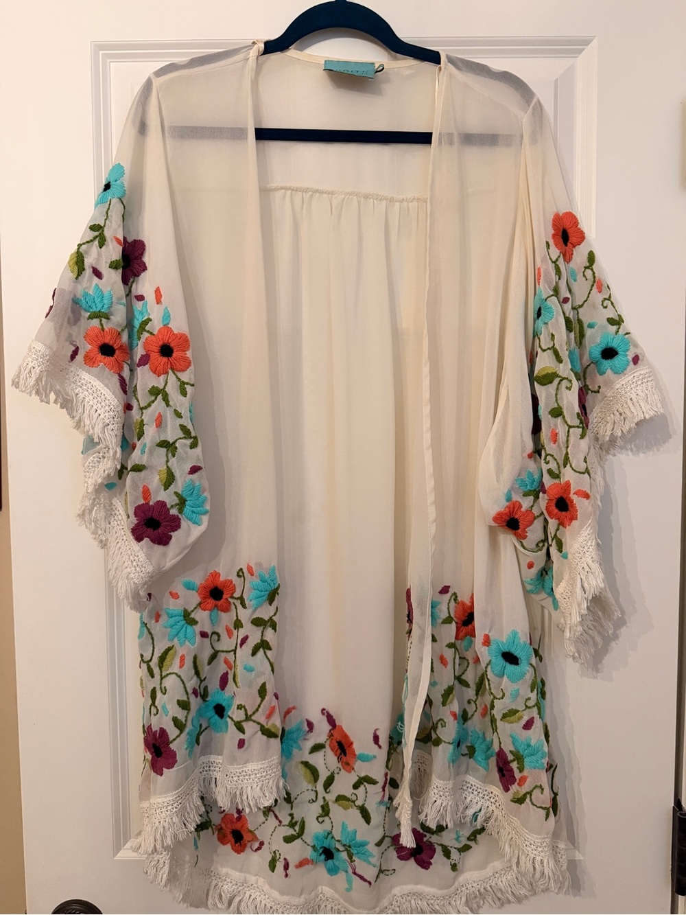 Judith March embroidered and fringed wrap kimono or cover up